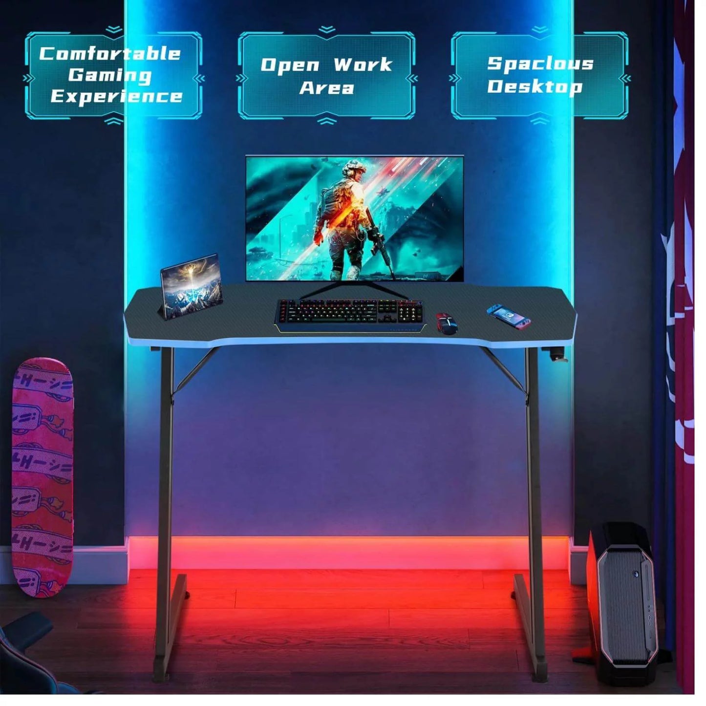 47 Inch Gaming Desk, Z-Shaped PC Computer Table Ergonomic Gamer Workstation with Headphone Hook for Home Office, Red