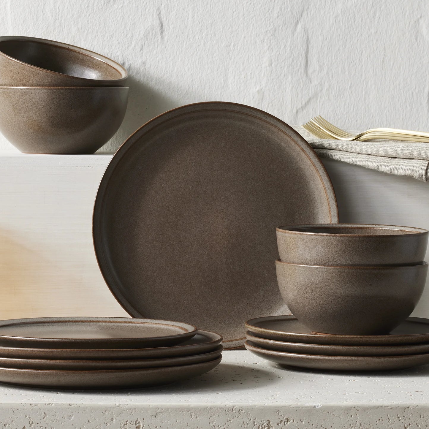 Better Homes and Gardens Banks Brown 12-Piece Stoneware Dinnerware Set, Brown Plates and Bowls, Set for 4